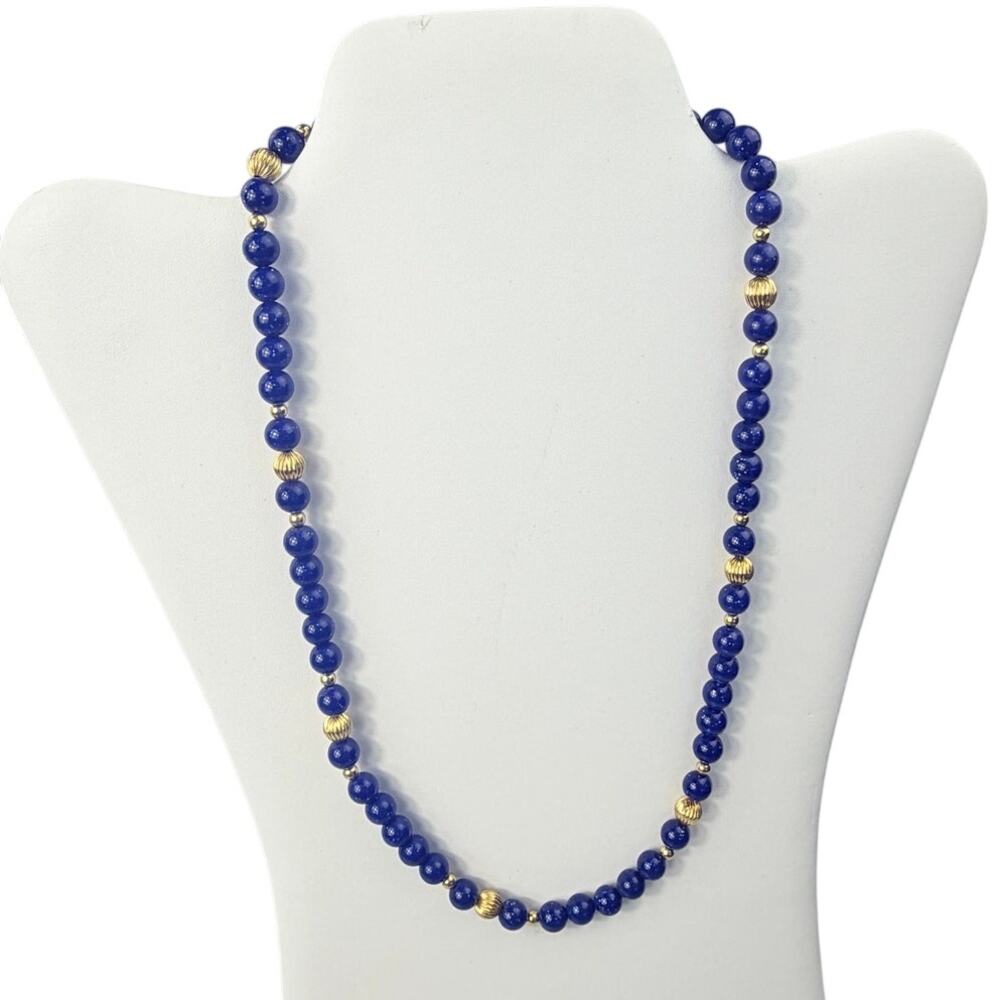 Vintage Blue and Gold Toned Round Beaded 21” Necklace with Barrel Clasp